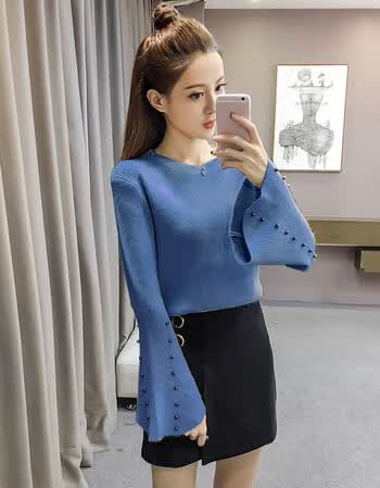毛衣女2018秋冬新款韩版甜美小清新宽松粗毛线纯色针织打底衫 宝蓝色