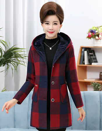 女款老人半大衣中老年呢子大衣中年女风衣带帽上衣妈妈装秋冬中长款毛