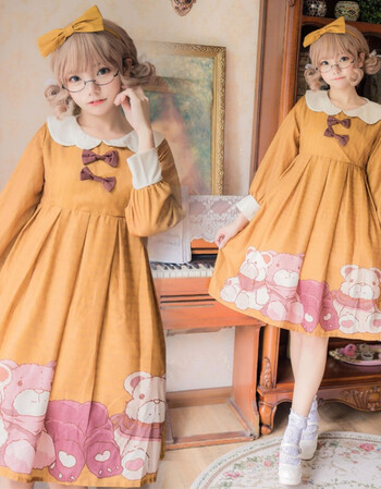 日系软妹日常学生可爱甜美op长袖lolita连衣裙少女洛丽塔秋冬款 墨绿