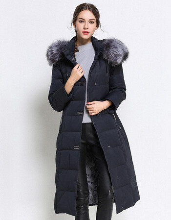 羽绒服女士中长款过膝鹅绒服反季促销加厚外套皮草大衣 深蓝 m