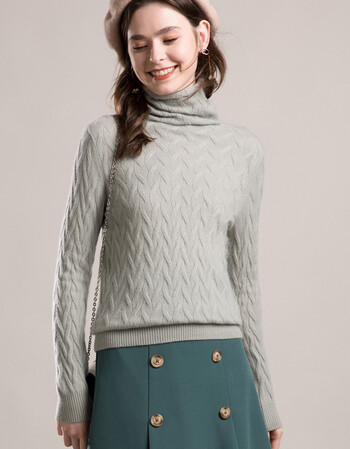 慕容轩昂2018秋冬新款女羊绒衫自由领爆款麻花套头针织衫 豆绿色 l