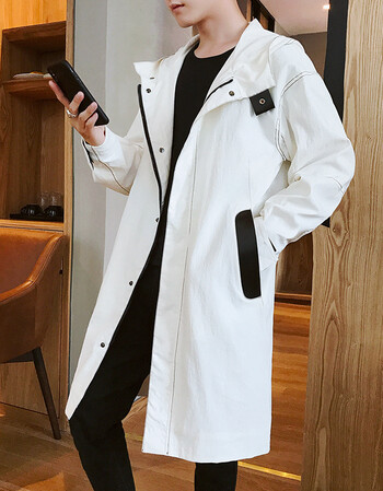 男士外套休闲春秋男装宽松风衣韩版潮流帅气中长款连帽夹克上衣 白色