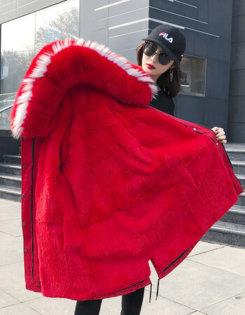 新款派克服女獭兔毛整皮内胆可拆卸多穿大毛领中长款皮草外套 大红色