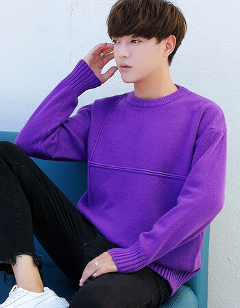 男士冬季宽松针织衫韩版纯色加厚毛衣男冬装保暖打底衫潮男衣服 紫色
