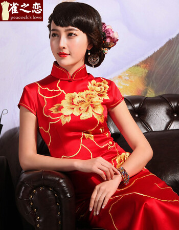 雀之恋 2017春夏装新款中式复古绣花长款新娘结婚敬酒服红旗袍 红色 m