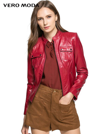 永久下架 vero moda秋装短款修身夹克绵羊皮衣女|316310507 076棕红