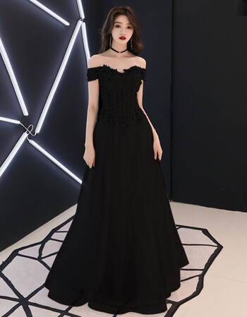 时尚抖音同款黑色晚礼服女2018新款宴会高贵优雅主持人一字肩连衣裙长