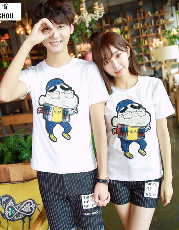 尊首卡通印花情侣装男女t恤 3327 p30 白色 模特裤子同步销售