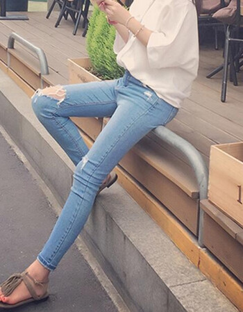 春夏修身显瘦弹力膝盖破洞牛仔裤女小脚裤九分裤高腰铅笔裤子31 蓝色