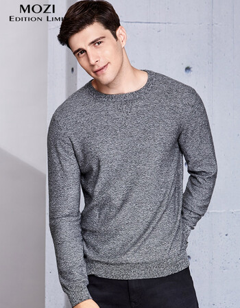 mozi男士圆领毛衣灰色2018秋冬季新款男装潮流韩版纯色百搭线衣长袖