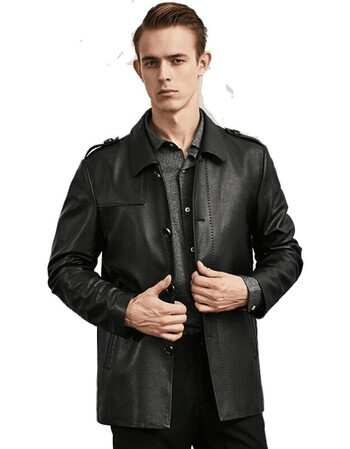 兽王翻领牛皮皮衣男士真皮皮夹克中长款风衣中老年宽松男装外套 黑色