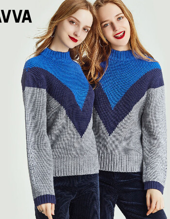 havva 塔尖工艺 三色拼接v条纹设计女款针织衫圆领短款女士毛衣 撞色