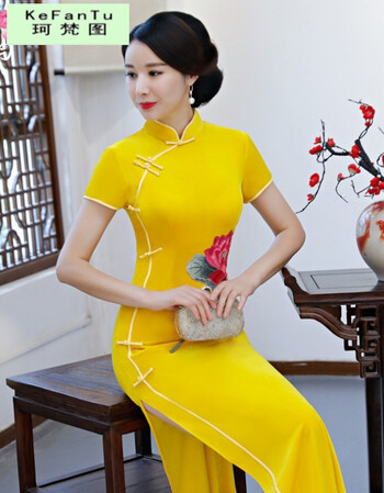 珂梵图金丝绒走秀旗袍长款演出端庄大气 中国风大码中