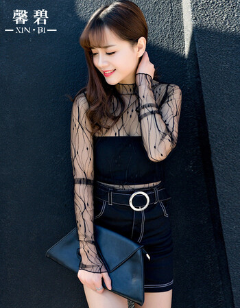 馨碧 透视打底衫t恤 2017新款内搭性感镂空网格透视长袖网纱衣打底衫