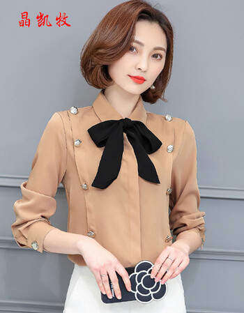 
                                        晶凯牧 衬衫女2017春夏季新款韩版修身显瘦大码职业装长袖衬衣女1788 卡其色 L                