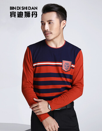 宾迪狮丹针织套头条纹毛衣男2016春秋新款圆领织针修身上衣打底衫男装