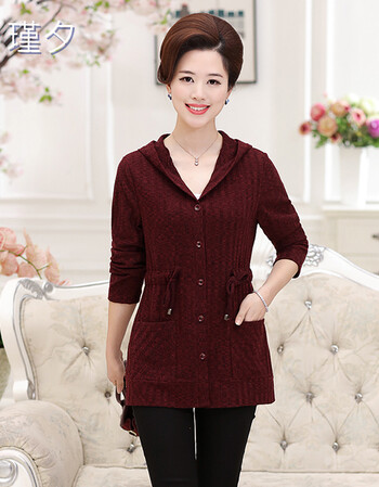 瑾夕春秋新款时尚中老年女装 妈妈装连帽针织外套上衣 深红色 4xl