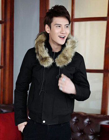 shangku 秋冬季男士纯色毛领夹克衫外套韩版修身男短款夹克棉外套1986