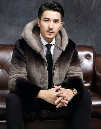 貂皮大衣连帽海宁新款男士水貂皮草整貂短毛裘皮外套花色外套 咖啡色