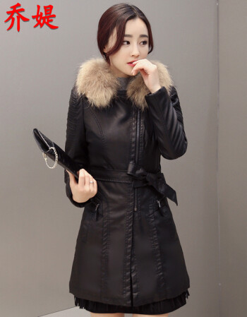 
                                        乔媞2016秋冬款欧美新品机车翻领水洗皮棉服 中长款长袖修身显瘦PU皮加棉皮衣女 黑色 L                