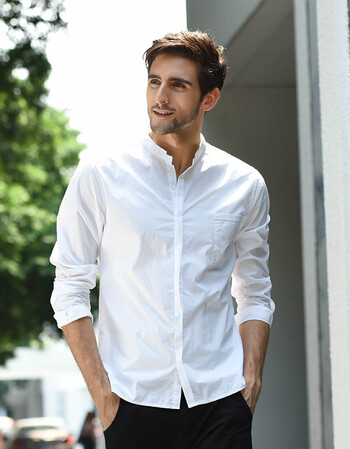 汉絮 长袖衬衫男 纯棉衬衫男 立领修身纯色商务休闲男装打底衬衣 白色