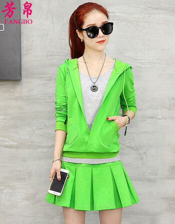 春装新款2017时尚套装裙女韩版修身针织运动休闲连衣裙三件套 绿色 m