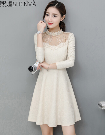 熙媛2017春装新款女装韩版气质修身蕾丝长袖打底衫女钩花镂空连衣裙a5