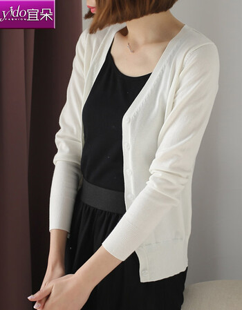 宜朵2018春季新款韩版女装针织衫女开衫外搭毛衣外套上衣空调衫 白色