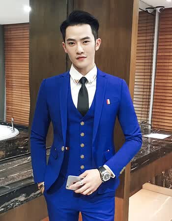 男装 西服套装 领钻 良布2017修身单排扣小西装裤子两件套职业装 宝蓝