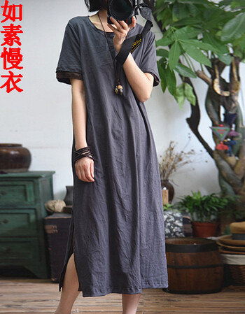 如素慢衣女装针织短袖文艺复古休闲套头打底连衣裙1796 灰色 均码_ 5