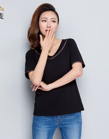 纤麦大码女装夏季新款t恤女胖mm200斤加肥加大百搭黑色短袖v领上衣女