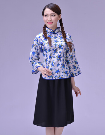 采茶服装女民国风服装丫鬟服乡村女裙子村姑表演茶楼服装演出服 蓝色
