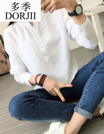 多季2017春装新款立领百搭竖条纹白色长袖衬衫女修身打底衬衣 v领白色