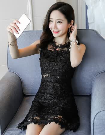 sresu赛素 蕾丝镂空连衣裙女夏中长款性感高腰修身无袖a字裙 黑色 s
