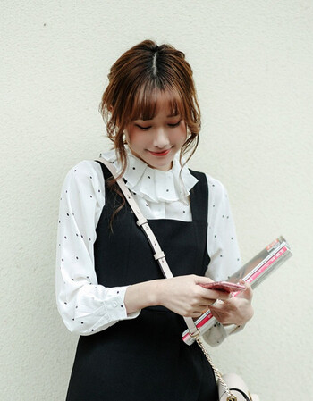 工字褶领 甜美波点长袖雪纺衫 女 2017春装新款复古衬衫 黑色 l