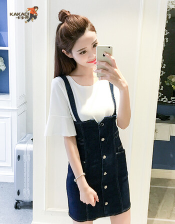卡卡西2017女装新款修身高腰排扣牛仔背带裙两件套 图片色 s