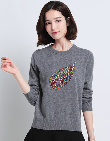 f恒源祥羊毛衫女秋冬羊毛针织衫绣花圆领打底衫套头图案毛衣 中灰 170