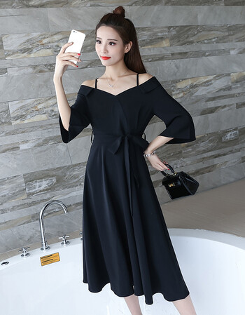 一字肩连衣裙女夏2017新款v领露肩收腰吊带裙修身显瘦中长裙 黑色 3xl