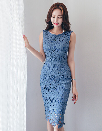 音岚蕾丝连衣裙女夏2018夏季新款无袖优雅镂空修身显瘦时尚中裙裙子l