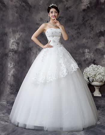 绑带齐地婚纱礼服2017新款结婚修身白色简约抹胸韩式新娘蕾丝婚纱裙