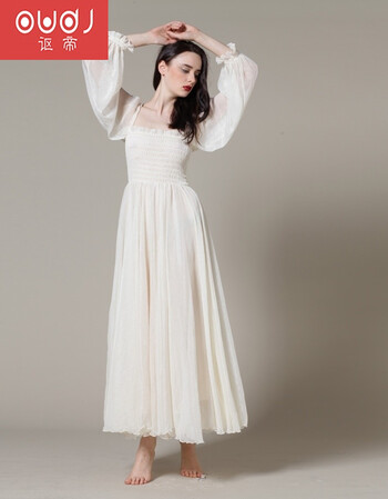 od 高腰修身灯笼袖仙女雪纺连衣裙 波西米亚白色大摆长裙女夏 白天鹅