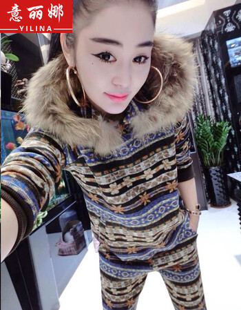 意丽娜 2016秋冬装新款狐狸毛毛领时尚女装毛线抓毛加厚保暖彩色横条休闲套装无货8233 蓝色 均码