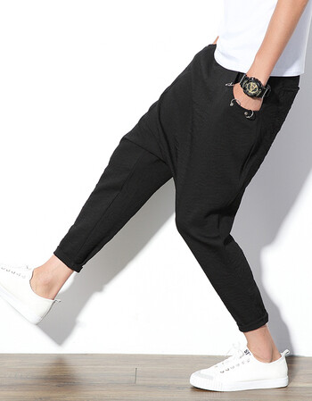 uyuk嘻哈街头潮流男士九分收腿哈伦裤垮裤潮吊裆裤男 黑色 m