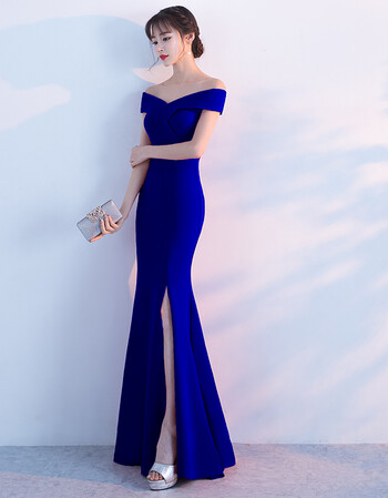 一字肩晚礼服宴会长款鱼尾礼服黑色修身显瘦主持人女sn0337 蓝色 l188