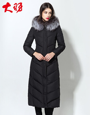 大羽羽绒服女长款过膝超长加厚修身狐狸毛领羽绒衣外套大码97168 黑色