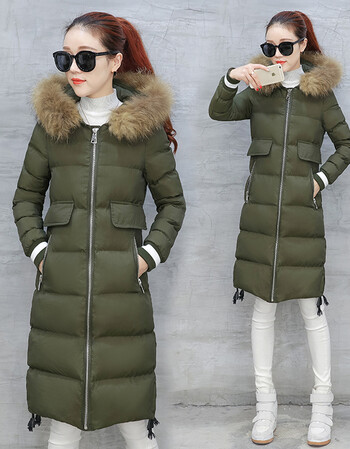 冬天女士棉服女中长款2018新款棉衣百搭毛领韩版棉袄女装冬衣外套 军