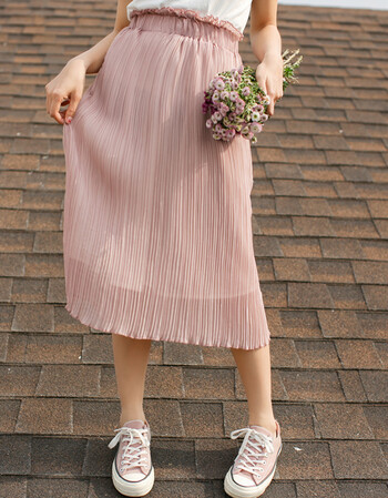 新款雪纺压褶半身裙女韩版2018学生高腰显瘦纯色a字中长裙子 浅粉色 l