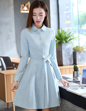 素芬长袖衬衫连衣裙女中长款显瘦裙子 浅豆绿色 s