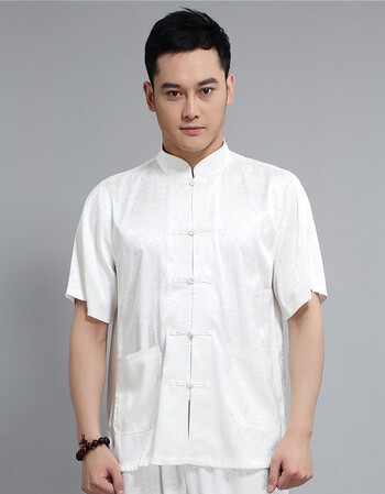 唐装短袖套装爸爸装中老年练功服太极中国风立领短袖 套装 1501白色