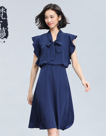 梵希蔓荷叶边连衣裙短袖2017夏季新款女装韩版显瘦高腰翻领中裙子